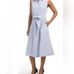 Anne Klein Seersucker Sleeveless Shirt Dress Size 4 Blue White Pockets Hamptons Photo 4