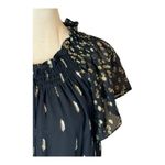 Rebecca Taylor Shirt Women 4 Black Metallic Gold Silk Ruffle Button Down Top Photo 5
