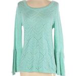 Loft  Turquoise Aqua Pointelle Sweater Pullover Blouse Long Bell Sleeve Small New Photo 0