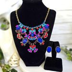 Statement Bib Necklace Gold Chain And Jewel Tone Colors Blue Photo 0