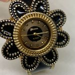 Ladies Geneva Platinum Flower Shaped Black gold Tone Cuff Bracelet 7” running Photo 1