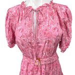NEW Lusana Ayla Pink Paisley Puff Sleeve Belted Tiered Mini Fit & Flare Dress S Photo 4