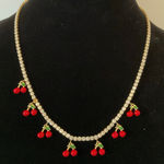 Rhinestone Cherry Charm Necklace Gold Photo 0