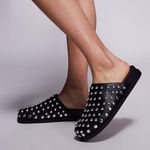 Bamboo Studded diamond faux leather clog slip on black shoes designer classic summer Photo 0