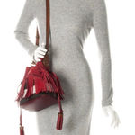 Burberry Belgrove Red Fringe Suede Leather Nova Check Bucket Bag Crossbody Photo 0