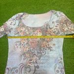 Vintage Y2K MD Boho‎ Floral Script Scoop Neck Top Rhinestones Feminine Romantic Blue Size M Photo 4