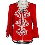 Oscar de la Renta Oscar de La Renta Vintage Red Knit Cardigan Bell Sleeve White Trim Embroidered Photo 0