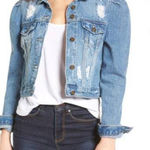 Moon River Light Blue Denim Ripped Distressed Puff Shoulder Jean Jacket Size S Photo 0