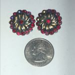 Vintage Aged Brass Tone AB Red CZ Rhinestone Round Clip On Earrings Photo 1