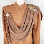 Vintage 80s 90s Viana Knits Brown Tan Sweater Gold Button Attached Fringe Scarf Size undefined Photo 3