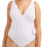 No Boundaries  White Campaign Stripe Wrap 1 Piece Plus Size Swimsuit 1X Photo 0