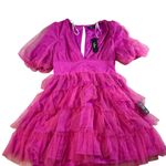 Lulus Lulu’s Medium Ruffle Dress with Puff Sleeves NWT Hot Pink Photo 2