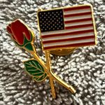 Vintage American Flag w/ Red Rose Gold Tone Pin / Brooch Photo 0