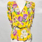 ZARA  Floral Print Puff Sleeve V-Neck Faux Wrap Blouse Yellow Multi Size Medium Photo 5