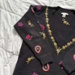 Vintage 80s 90s Womens Size Medium Black Floral Sweater Holiday Fall V Neck Photo 2