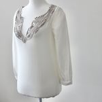Billabong Vintage Y2K Cotton Off-White Lace V-Neck Long-Sleeve BlouseTop Small Photo 2