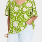 Ava & Viv Linen Blend Floral Print V Neck Short Sleeve Top Plus Photo 0