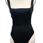 Capulet Black Ribbed Square Neck Bustier Sleeveless Thong Bodysuit Going Out Top Photo 0