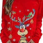 Oversized Women’s Christmas Shirts Graphic Tees Red Long Sleeve Crewneck Small Photo 0