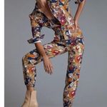 MOTHER The Puffy Wrapper Floral Denim Jumpsuit Flowers in Her Hair L Tan Size L Photo 1