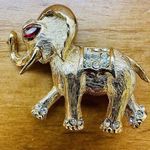 Red/White Rhinestone Elephant Brooch Pin Gold Tone Figural Pin Jungle Animal 2" Photo 0