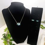 Unique Blue Glass Evil Eye Pendant Necklace Earrings Set Gold Plated Steel Photo 3