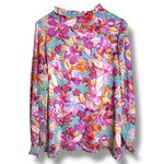 Floral Printed Top Women’s Medium Belle by Kim Gravel (QVC) Smocked Sleeve Pink Photo 1