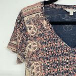 Lucky Brand Brown & Cream Printed Short Sleeve Blouse Womens S Boho Casual Photo 3