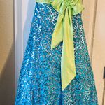 Tony Bowls Blue Strapless Gown with Green Sash Photo 1