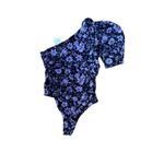 Free People  Purple Floral One Shoulder Puff Sleeve Thong Bodysuit Women's Size M Photo 2
