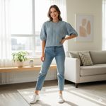 ASTR Koami Pearl Embellished Cable Knit Short Sleeve Sweater Dusty Blue One Size Photo 1