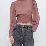ZARA  Pink Smocked Blouse Women's Medium Mock Neck Open Back Casual Chic Top‎ Photo 0