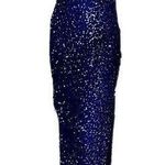 Cache 100% Silk Vintage Beaded Navy Blue Halter cross Strap Open Back Gown Photo 0