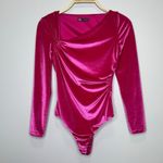 ZARA  Hot Pink Velvet Bodysuit Size Small Asymmetrical Neckline Long Sleeves Bold Photo 1