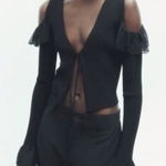 ZARA NWT Tie Front Ruffle Ribbed Knit Cardigan Top in Black Witchy Size Small Photo 1