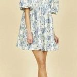 Hunter Bell  Jenkins Gardenia Mini Dress Floral Blue and Beige Puff Sleeves Large Photo 0