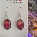 Handmade Poured Paint Oval Earrings Red Yellow Swirl Stainless Steel Artisan Photo 2