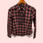 Talbots Cute plaid ruffle jeweled button blouse stretch black red holiday Photo 3