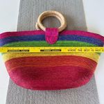 Vintage Pink Rainbow Striped Extra Large Raffia Straw Basket Bag Beach Travel Photo 8