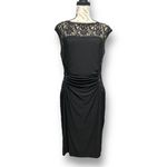 Ralph Lauren  Black Sequin Lace Illusion Sheath Midi Dress Ruched Waist Cocktail Photo 3