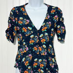 ZARA Women's Ruched Short Sleeve Floral V Neck Top Blouse Navy Blue Size XS Photo 0