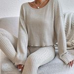 SheIn Drop Shoulder Ribbed Knit Top & Pants Set, Khaki, Size XS, EUC Photo 0