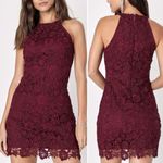 Lulus  Love Poem Burgundy Lace Halter Mini Dress Size Small Valentine's Day Date Photo 3