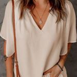 NEW Cream Colored Split V Neck Pleated Loose Fit Flutter Sleeve Tunic Blouse Size L Photo 0