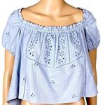 ZARA  light blue, openwork eyelet, embroidered puff-sleeve crop top. Size XL.NWOT Photo 0