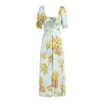 Anthropologie  The Vineyard Floral Satin Midi Dress Blue Yellow Puff Sleeve sz 4 Photo 2