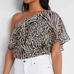 EXPRESS NEW x Rachel Zoe Animal Print One Shoulder Bodysuit XS Black Tan Zebra Photo 0