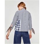 ZARA Womens Long Sleeve Gingham Top Blouse Floral Neck Tie Blue White Medium Photo 1