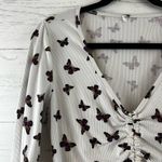Butterfly Print Ribbed Tie Front Y2k Long Sleeve Top Size XL Photo 3