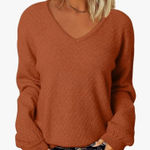 NEW~ V Neck Waffle Knit Sweater Outfits Loose Pullover M Orange Size M Photo 0